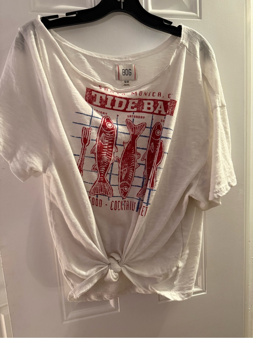 BDG White Tee with Red Fish & Blue Grid Graphic